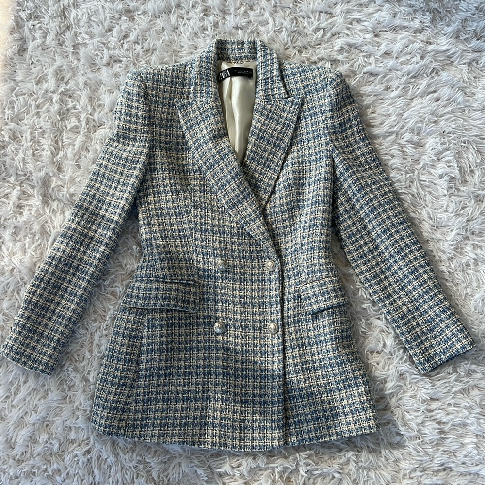 Zara textured tweedy blazer blue and white